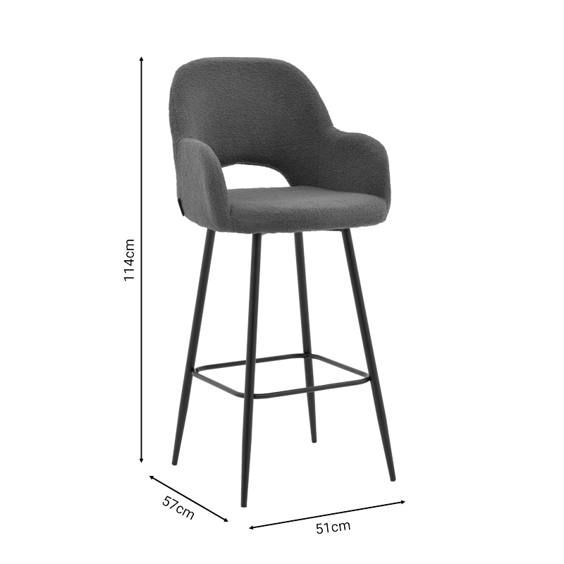 Stol bari Renish pakoworld bouclé gri-këmbë metalike e zezë 51x57x114cm