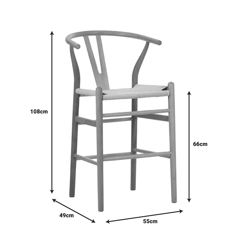 Stol bari Wishbone pakoworld lartësi mesatare rubberwood-litar në nuancë natyrale 55x49x96cm