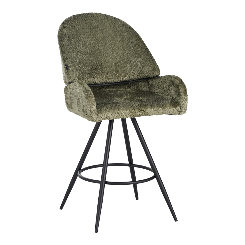 Karrige bar rrotulluese Morea pakoworld bouclé në ngjyrë jeshile ulliri me këmbë metalike të zeza 55x66x107.5cm