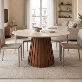 Tavolinë ngrënieje Franzel pakoworld guri i sinterizuar me pamje travertini-mdf arrë D120x75cm