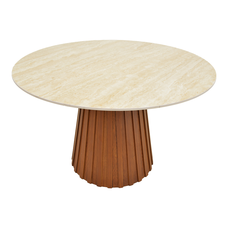 Tavolinë ngrënieje Franzel pakoworld guri i sinterizuar me pamje travertini-mdf arrë D120x75cm