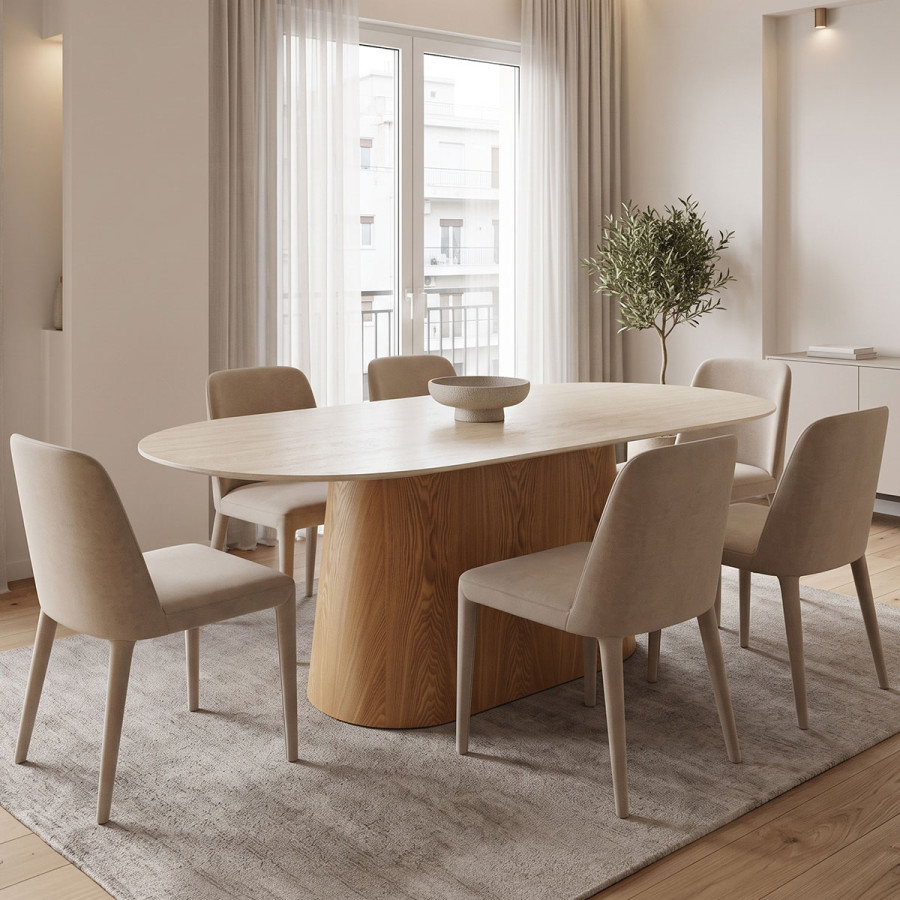 Tavolinë ngrënie Karlino pakoworld sintered stone me pamje travertini-mdf ngjyrë natyrale 180x90x76cm