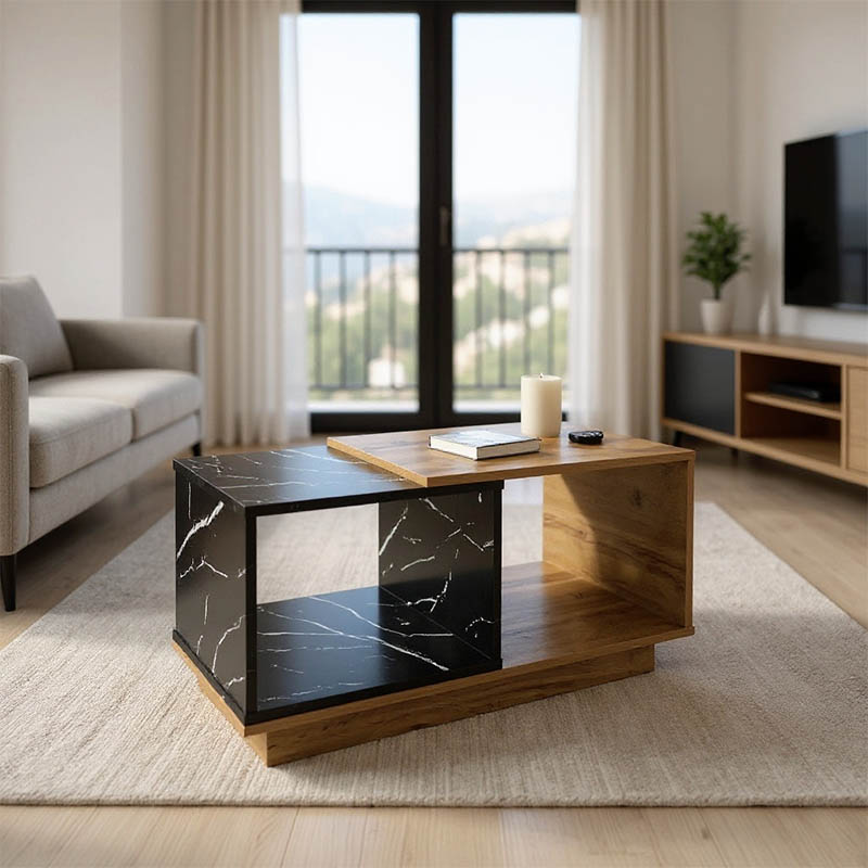 Tavolinë kafeje Fetix pakoworld në nuancë mermeri të zi-sonoma 90x45x45cm