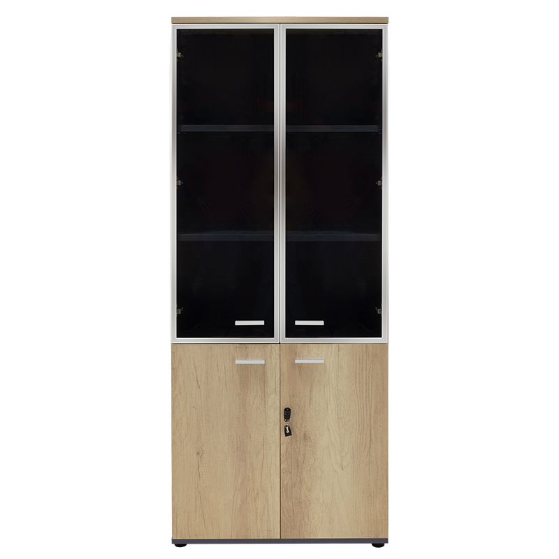 Bibliotekë Lotus pakoworld me katër dyer xhami dhe druri në ngjyrë lisi - gri e errët 80x40x200cm