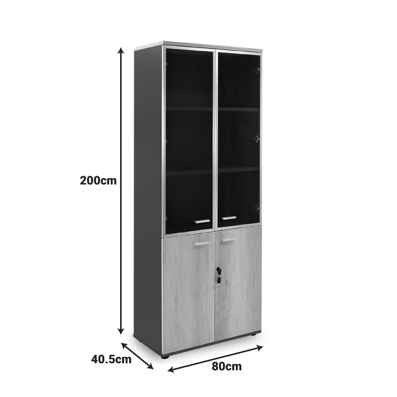 Bibliotekë Lotus pakoworld me katër dyer xhami dhe druri në ngjyrë lisi - gri e errët 80x40x200cm