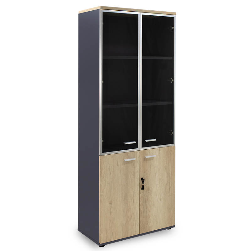 Bibliotekë Lotus pakoworld me katër dyer xhami dhe druri në ngjyrë lisi - gri e errët 80x40x200cm