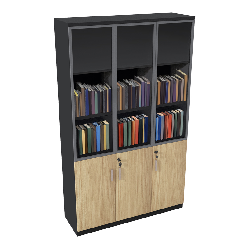 Bibliotekë Lotus pakoworld me xham dhe dru në ngjyrë natyrale - gri e errët 120x40x200cm