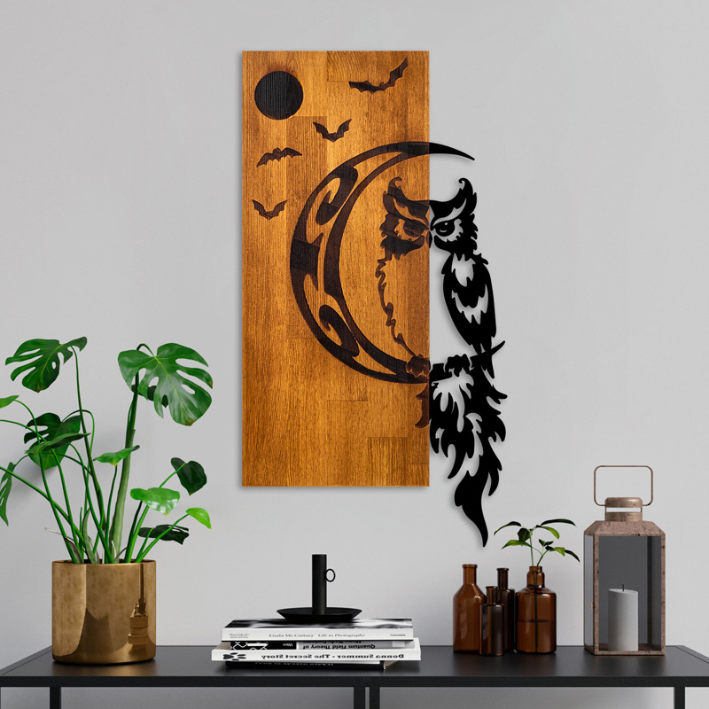 Dekor muri Owle pakoworld dru pishe në ngjyrë natyrale dhe metal i zi 36x3x66cm