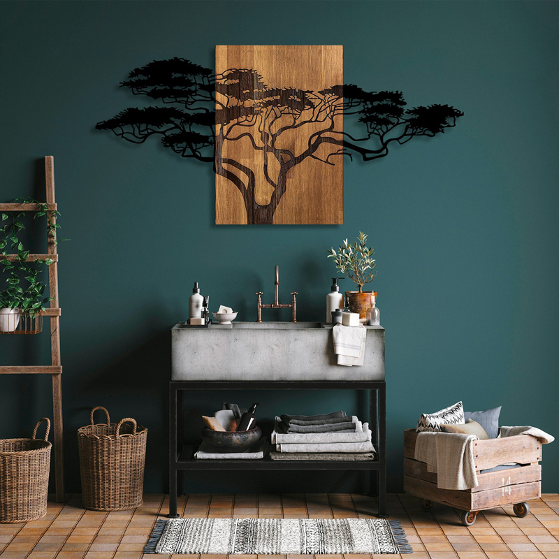 Dekor muri Efren pakoworld dru pishe në ngjyrë natyrale dhe metal i zi 144x3x70cm