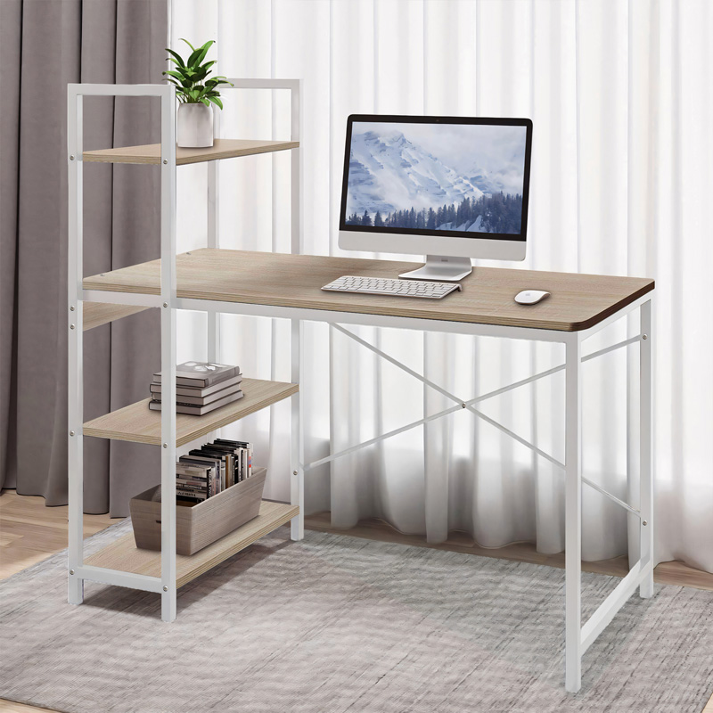 Tavolinë studimi Bencour pakoworld me raft librash MDF në ngjyrë lisi me metal të bardhë 90x40x110cm