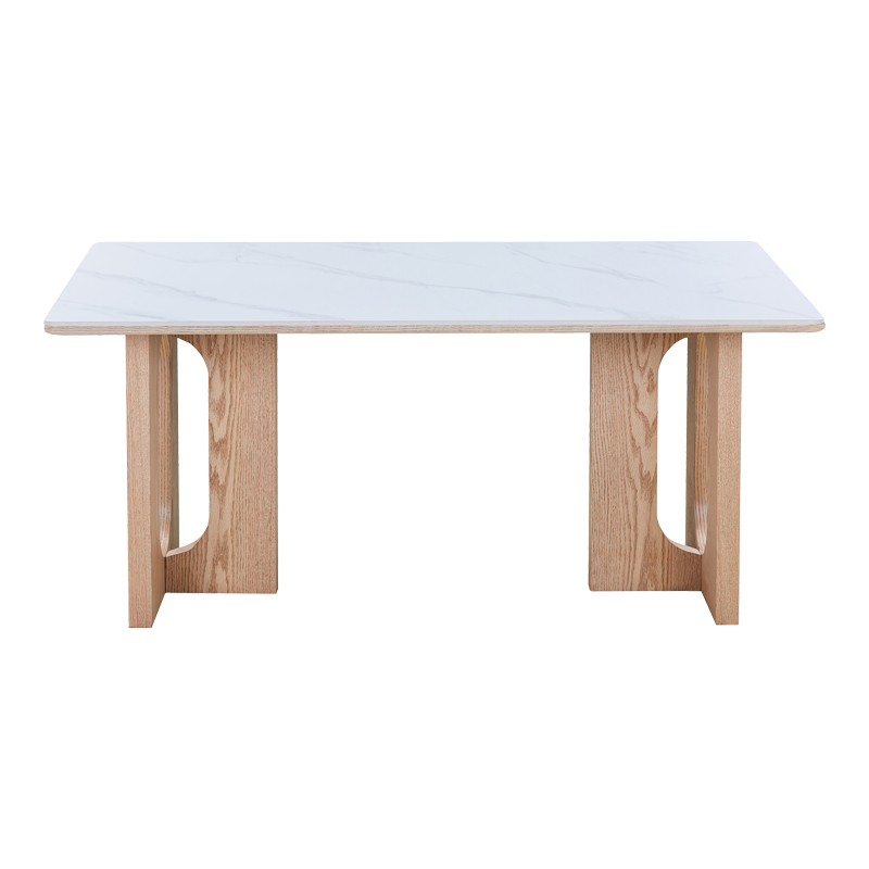 Tavolinë ngrënie Benqui pakoworld gur i sinterizuar-mdf në ngjyrë mermeri të bardhë - bazë me ngjyrë natyrale 160x90x75cm