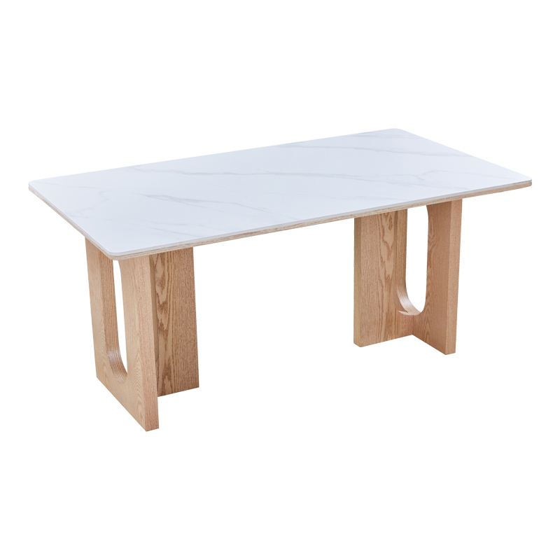 Tavolinë ngrënie Benqui pakoworld gur i sinterizuar-mdf në ngjyrë mermeri të bardhë - bazë me ngjyrë natyrale 160x90x75cm