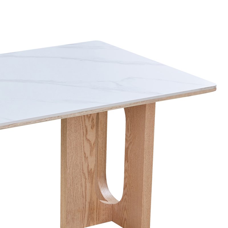Tavolinë ngrënie Benqui pakoworld gur i sinterizuar-mdf në ngjyrë mermeri të bardhë - bazë me ngjyrë natyrale 160x90x75cm