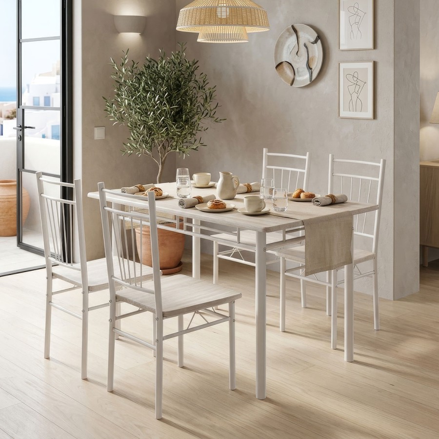 Set ngrënieje Roza pakoworld 5 copë MDF SONOMA dhe këmbë metalike të bardha 110x60x75cm