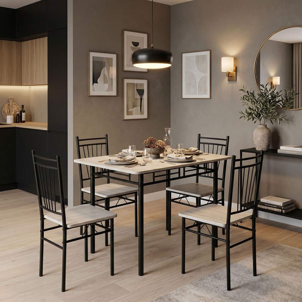 Set ngrënieje Roza pakoworld 5 copë MDF SONOMA dhe këmbë metalike të zeza 110x60x75cm
