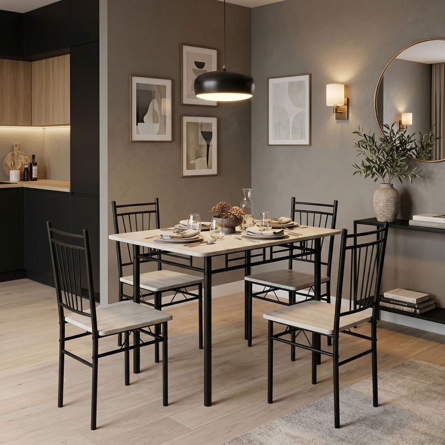 Set ngrënieje Roza pakoworld 5 copë MDF SONOMA dhe këmbë metalike të zeza 110x60x75cm