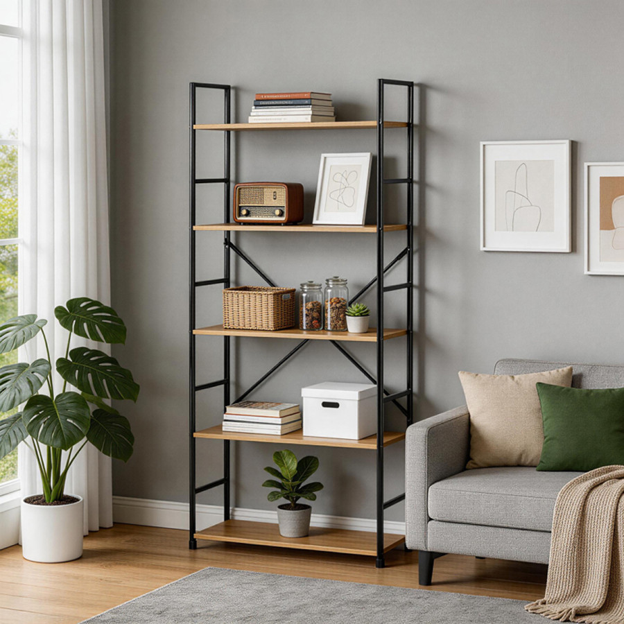 Bibliotekë Manlo pakoworld OAK me metal të zi 58.6x23.5x144cm
