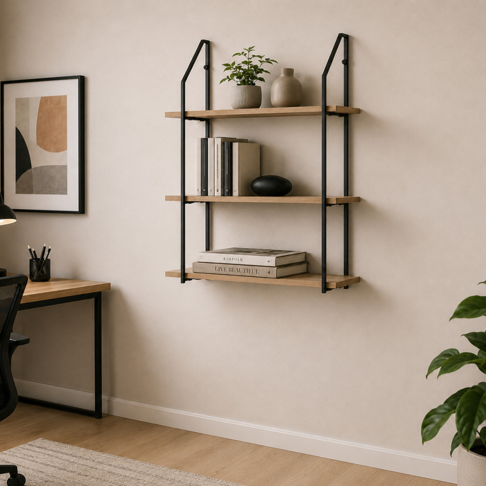 Raft muri Fema pakoworld OAK me metal të zi 60x20x80cm