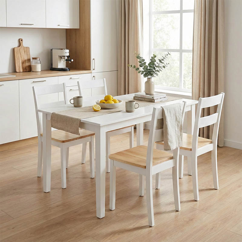 Set Mabor-York pakoworld me 5 pjesë tavolinë ngrënieje e zgjerueshme, dru i bardhë, 120-150x80x73.8cm