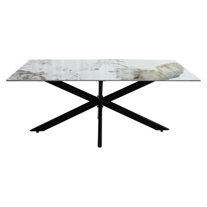 Tavolinë ngrënie Bethan pakoworld gur i sinterizuar mermer i bardhë - metal i zi dizajn këmbe 180x90x75cm