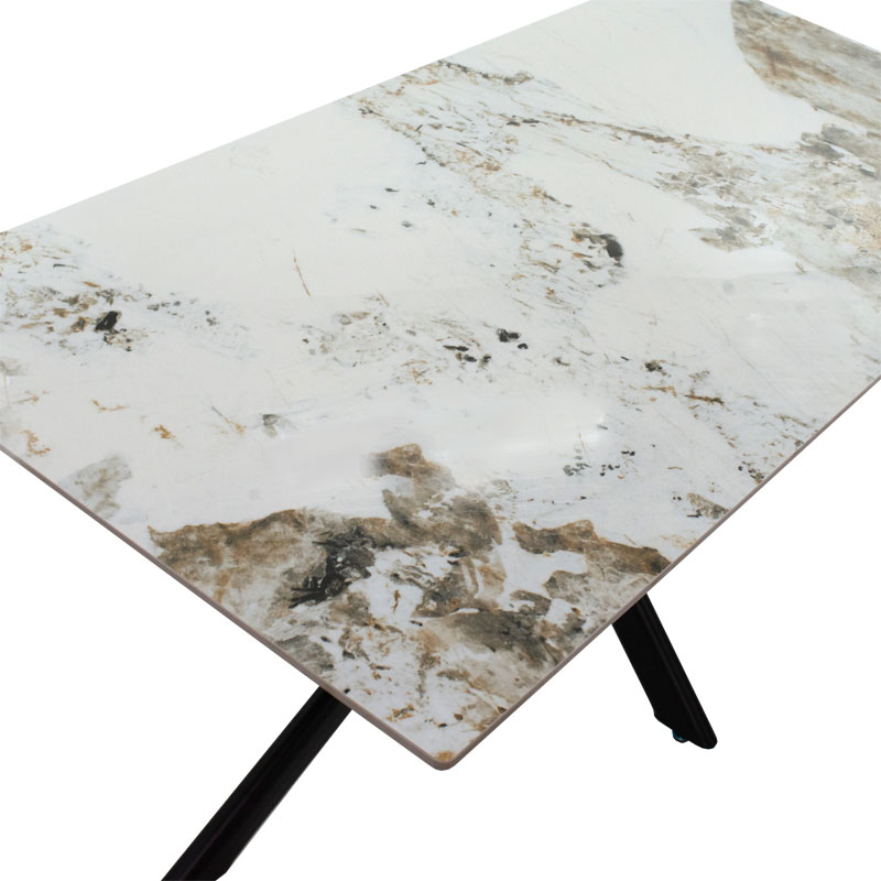 Tavolinë ngrënie Bethan pakoworld gur i sinterizuar mermer i bardhë - metal i zi dizajn këmbe 180x90x75cm