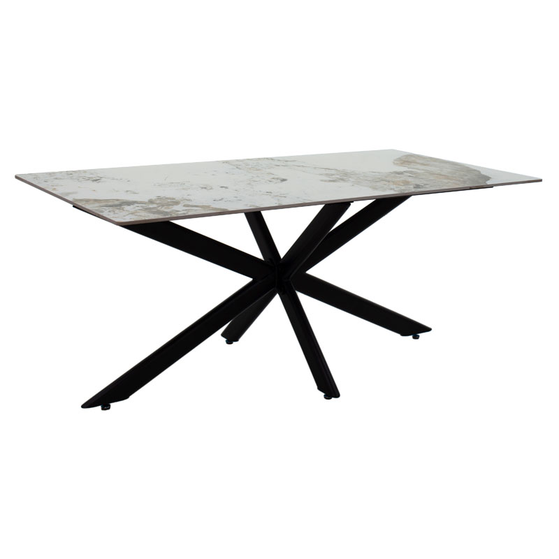 Tavolinë ngrënie Bethan pakoworld gur i sinterizuar mermer i bardhë - metal i zi dizajn këmbe 180x90x75cm