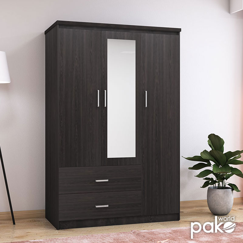 Dollap rrobash Olympus pakoworld me 3 dyer dhe sirtarë+pasqyrë në ngjyrë WENGE 120x57x183