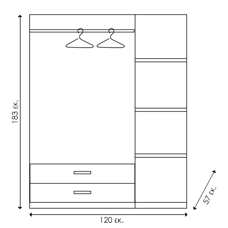 Dollap rrobash Olympus pakoworld me 3 dyer dhe sirtarë+pasqyrë në ngjyrë WENGE 120x57x183