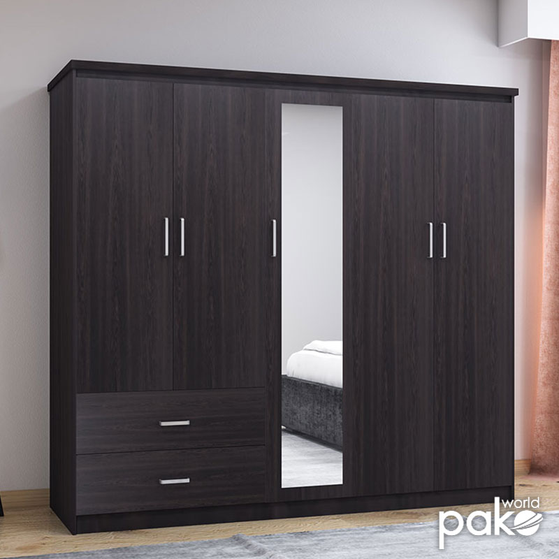 Dollap rrobash Olympus pakoworld me 5 dyer dhe sirtarë+pasqyrë në ngjyrë WENGE 198x57x183