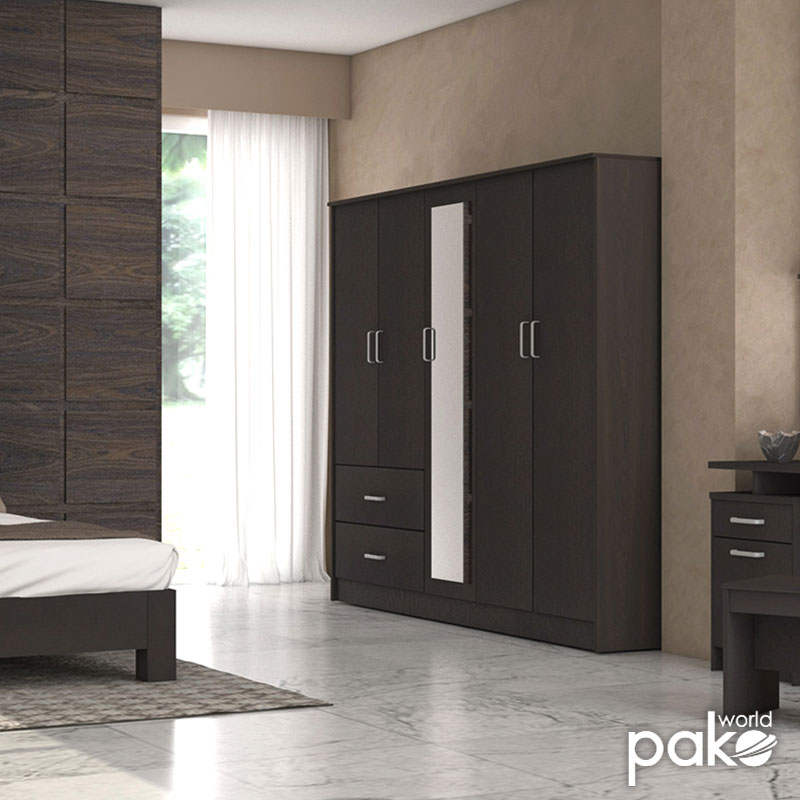 Dollap rrobash Olympus pakoworld me 5 dyer dhe sirtarë+pasqyrë në ngjyrë WENGE 198x57x183