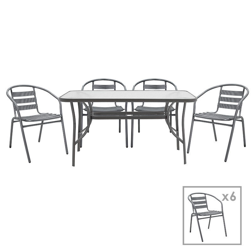 Komplet ngrënie 7 copë Ensure-Tade pakoworld metal-xham gri e errët 140x80x70cm