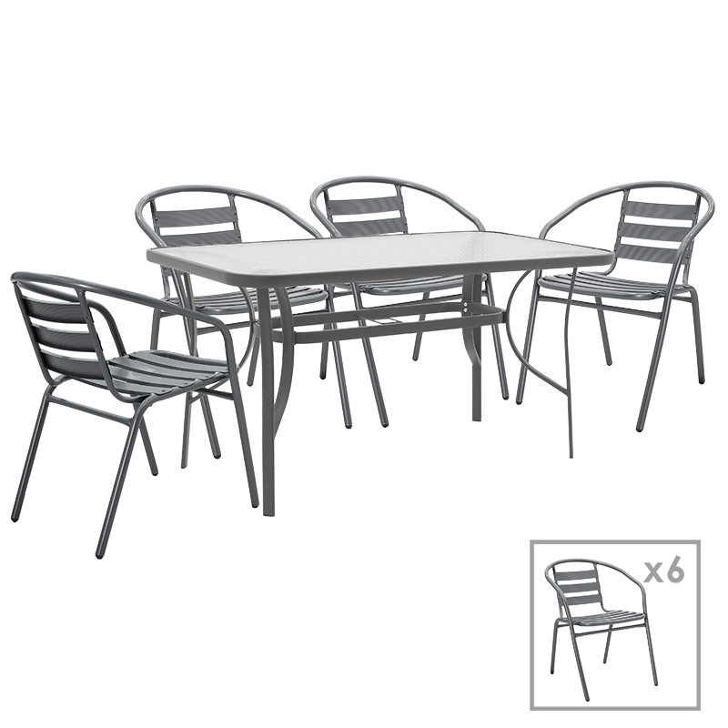 Komplet ngrënie 7 copë Ensure-Tade pakoworld metal-xham gri e errët 140x80x70cm