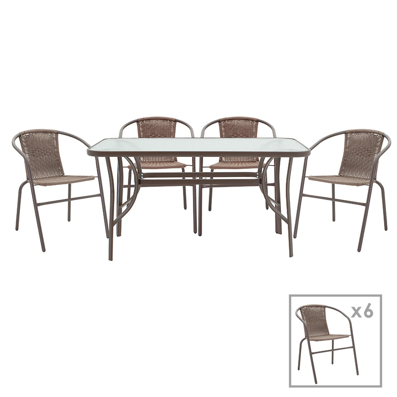 Set ngrënieje 7 copë Ensure-Obbi pakoworld metal-xham kafe 140x80x70cm