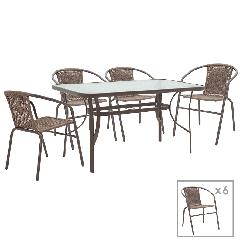 Set ngrënieje 7 copë Ensure-Obbi pakoworld metal-xham kafe 140x80x70cm
