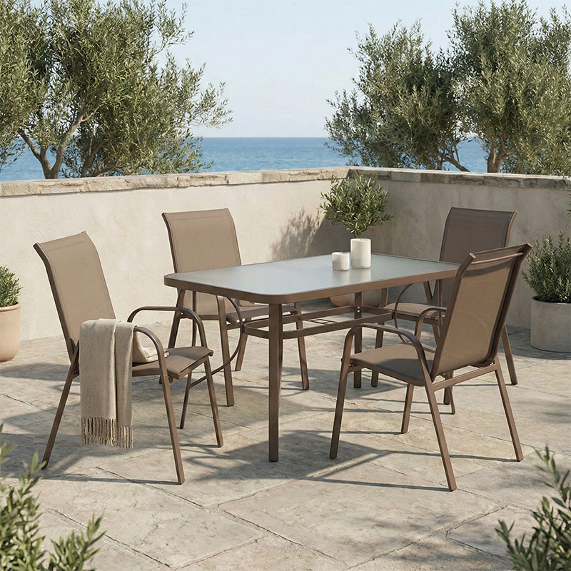 Set ngrënieje 5 copë Ensure-Calan pakoworld metal-xham kafe 140x80x70cm