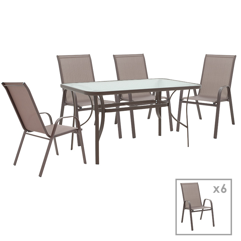 Set ngrënieje 7 copë Ensure-Calan pakoworld metal-xham kafe 140x80x70cm