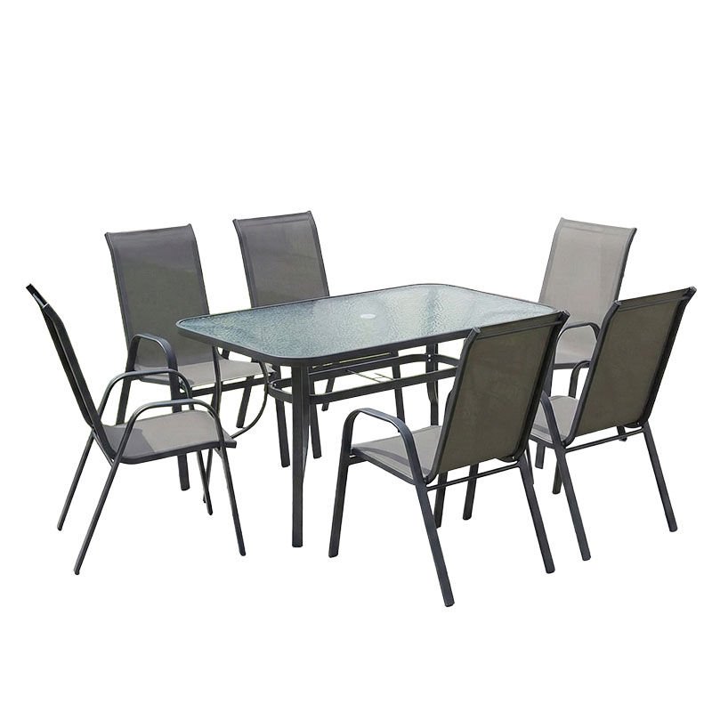 Tavolinë ngrënieje Calan-Ensure pakoworld set me 7 metal antracit të errët dhe tekstilen antracit 140x80x70cm