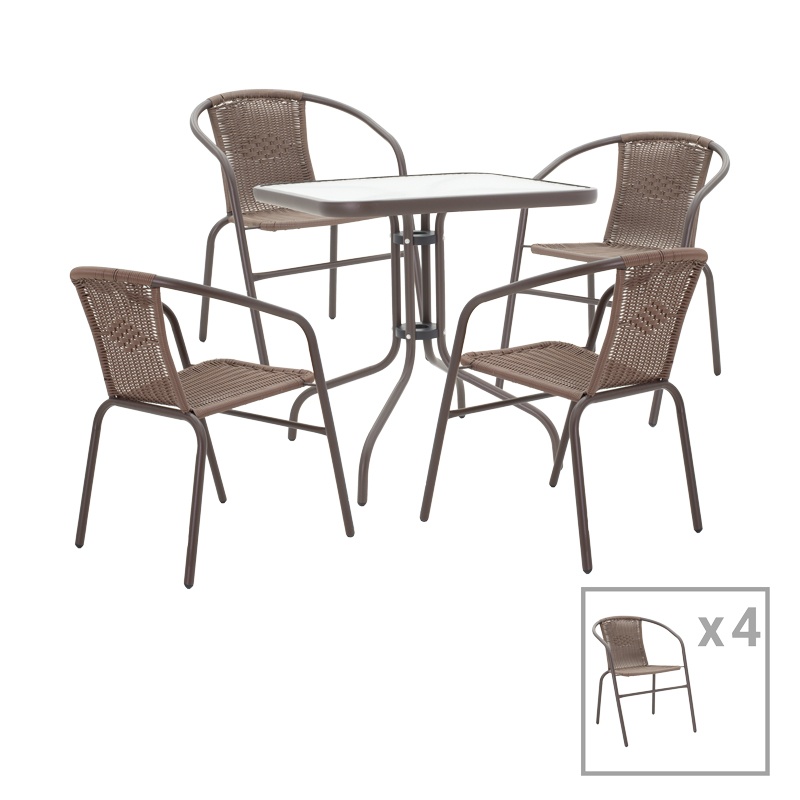 Obbi-Watson pakoworld set tavoline ngrënieje me 5 pjesë metal kafe-rattan PE 80x80x70cm