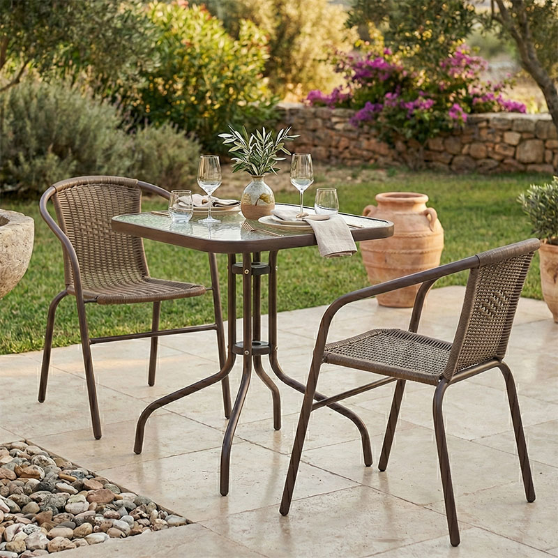 Set tavoline ngrënieje Obbi-Watson pakoworld me 3 copë metal kafe-pe rattan 60x60x70cm