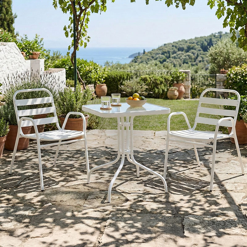 Tavolinë ngrënieje Watson-Sussie pakoworld metal i bardhë-xham 70x70x70cm