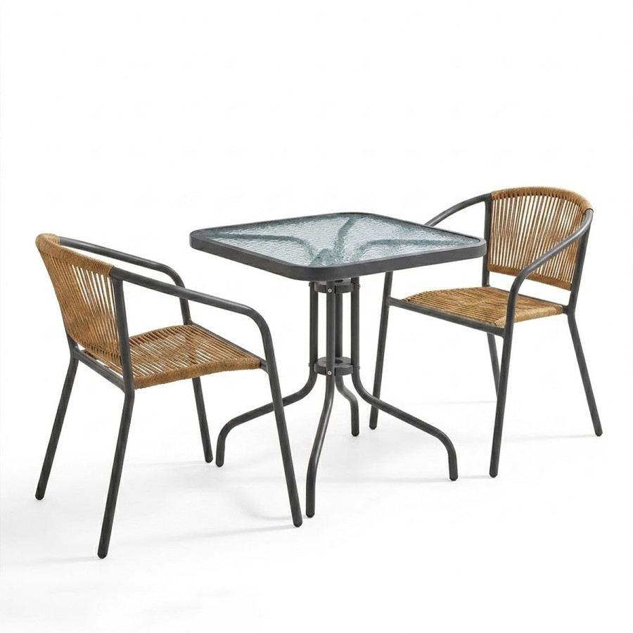 Tavolinë ngrënie Watson-Lindaria pakoworld metal-qelq antracit dhe rattan PE në nuancë natyrale 70x70x70cm
