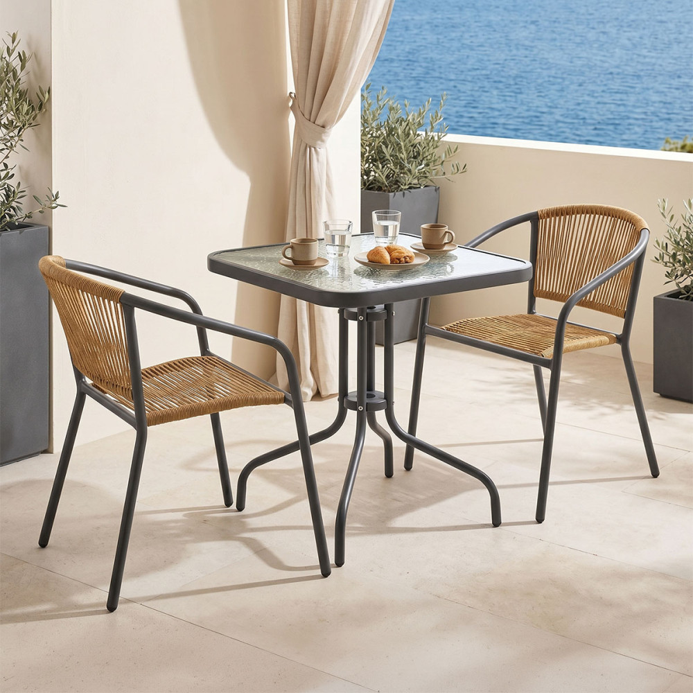 Tavolinë ngrënie Watson-Lindaria pakoworld metal-qelq antracit dhe rattan PE në nuancë natyrale 70x70x70cm