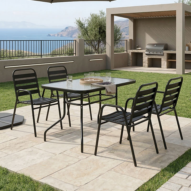 Tavolinë ngrënieje Valor-Sussie pakoworld set me 5 copë metal i zi-xham 110x60x70cm