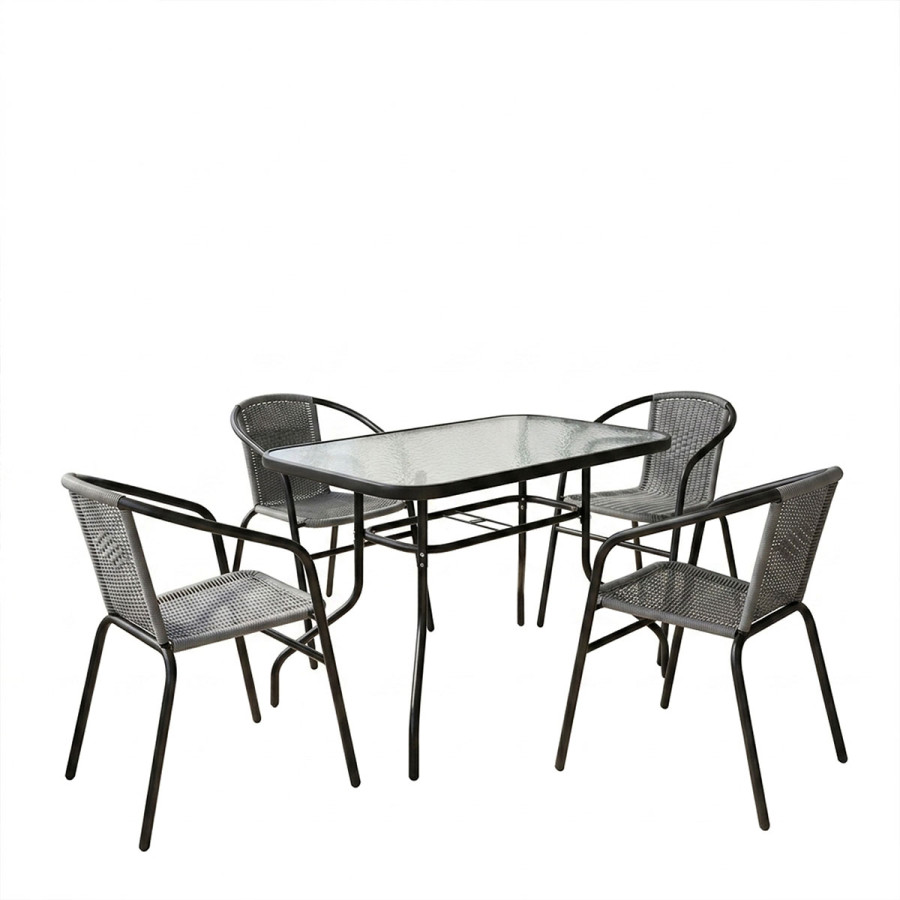 Set tavoline ngrënieje Valor-Obbi pakoworld me 5 copë metal i zi-xham-PE gri 110x60x70cm