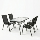 Tavolinë ngrënieje Valor-Calan pakoworld set 5 copë metal i zi-xham-tekstil i zi 110x60x70cm