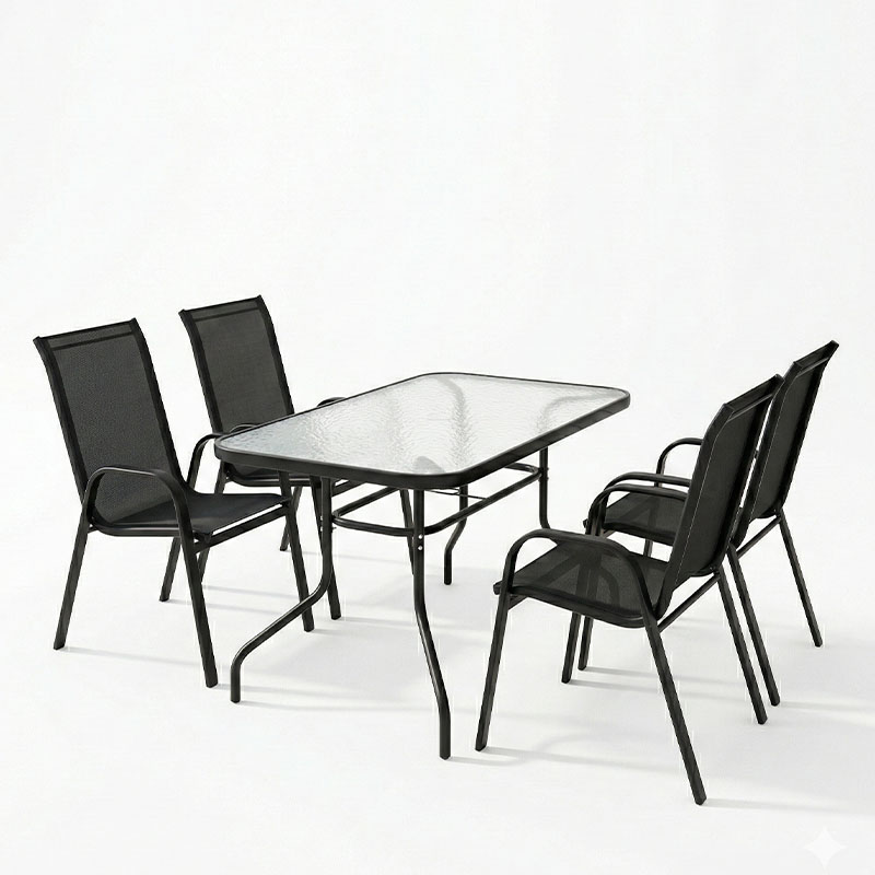 Tavolinë ngrënieje Valor-Calan pakoworld set 5 copë metal i zi-xham-tekstil i zi 110x60x70cm