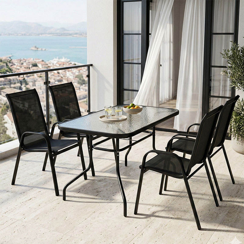 Tavolinë ngrënieje Valor-Calan pakoworld set 5 copë metal i zi-xham-tekstil i zi 110x60x70cm
