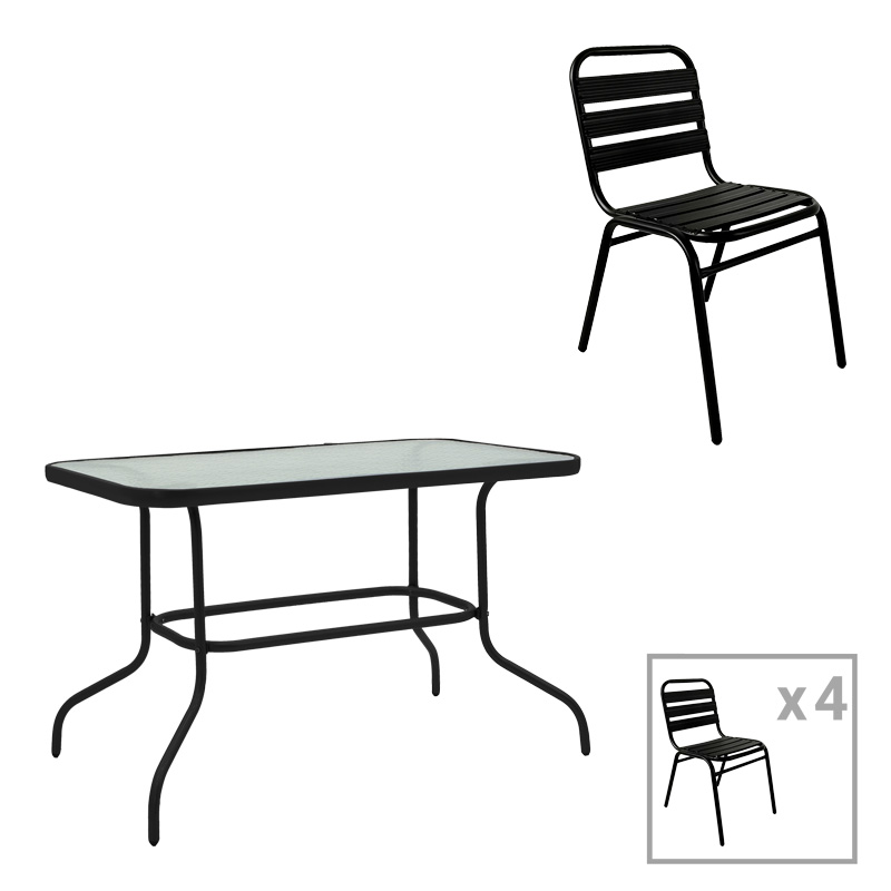 Tavolinë ngrënieje Valor-Sussie pakoworld set me 5 copë metal i zi-xham 110x60x70cm