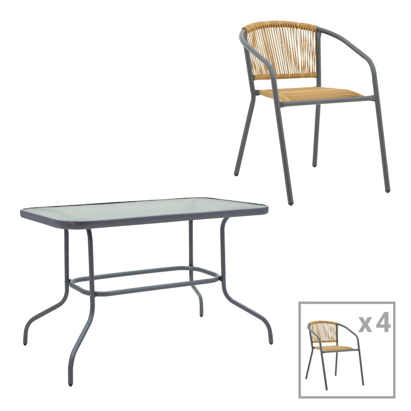 Tavolinë ngrënieje Valor-Lindaria pakoworld set prej 5 copësh metal-xham-rattan PE antracit në nuancë natyrale 110x60x70cm