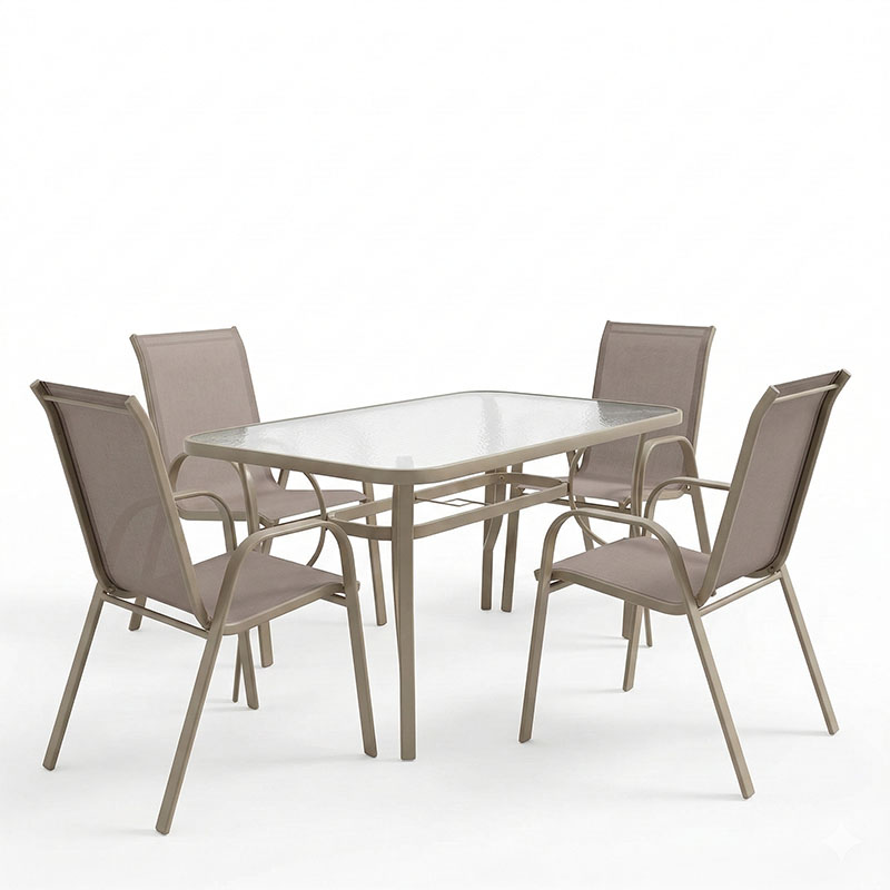 Tavolinë ngrënieje Ensure-Calan pakoworld metal-xham në ngjyrë shampanjë 140x80x70cm
